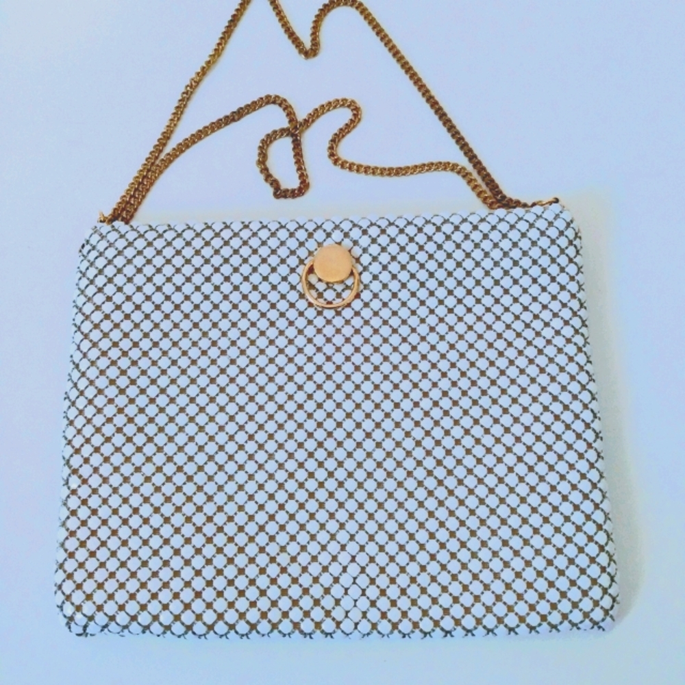 White Faux Leather Mesh Bead Chain Shoulder Bag